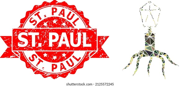Low-Poly polygonal virus military camouflage 2d illustration, and St. Paul unclean watermark. Red seal includes St. Paul text inside ribbon. Vector virus icon is filled with camouflage triangles.