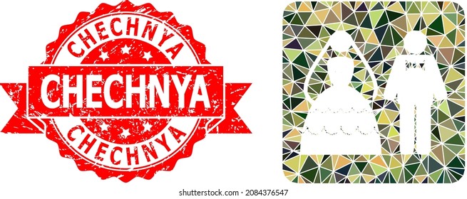 Lowpoly polygonal wedding couple military camouflage icon illustration, and Chechnya corroded seal imitation. Red stamp contains Chechnya title inside ribbon.