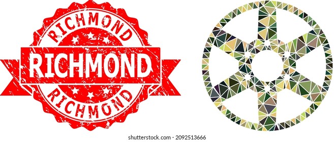 Low-Poly polygonal wheel military camouflage icon illustration, and Richmond unclean stamp. Red stamp has Richmond tag inside ribbon. Vector wheel icon is filled with camouflage triangle mosaic.