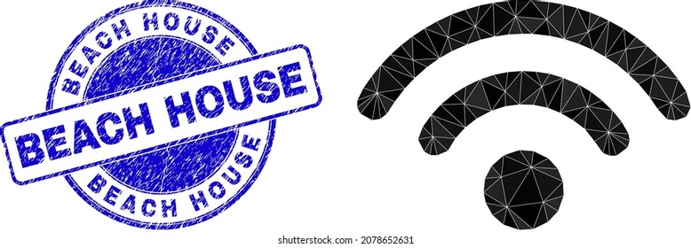 Low-Poly polygonal wifi network icon illustration, and Beach House grunge seal imitation. Blue seal contains Beach House title inside circle form. Wifi network icon filled with triangles.