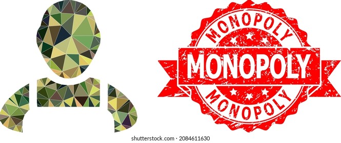 Low-Poly Polygonal Worker Military Camouflage Icon Illustration, And Monopoly Corroded Seal. Red Stamp Seal Includes Monopoly Text Inside Ribbon.