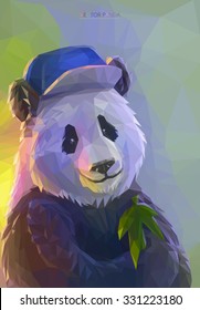 Lowpoly portrait of funny panda wearing a hip-hop cap. Cool poster with colorful bear. Vector illustration eps 10.