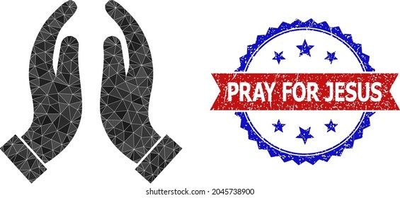 Low-poly praying hands polygonal icon illustration, and grunge bicolor rosette stamp imprint, in red and blue colors. Mosaic praying hands is created from random colored triangles.