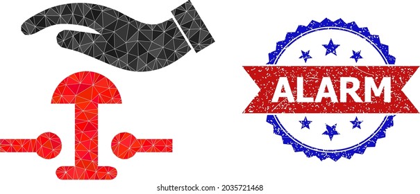 Low-poly press alarm button polygonal 2d illustration, and grunge bicolor rosette stamp, in red and blue colors. Mosaic press alarm button is designed from randomized color triangles.