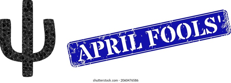 Low-poly Psi Greek lowercase symbol constructed of chaotic filled triangles, and grunge April Fools' seal stamp.