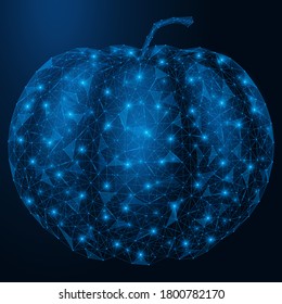 Low-poly pumpkin. Frame design of lines and dots. Blue background.