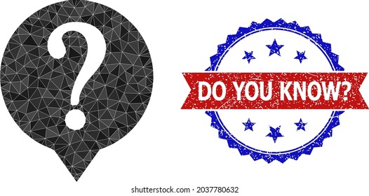 Low-poly query polygonal 2d illustration, and grunge bicolor rosette seal stamp, in red and blue colors. Mosaic query created with random filled triangles. Rosette stamp seal uses red and blue colors.