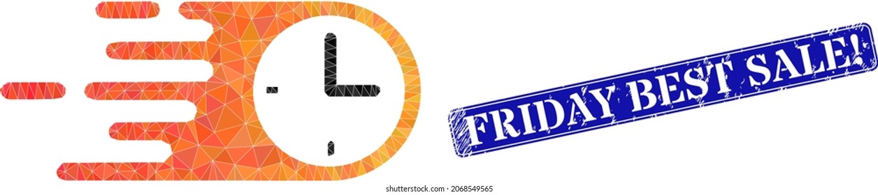 Low-poly quick time designed with randomized filled triangles, and grunge Friday Best Sale watermark. Blue rounded framed rectangle seal includes Friday Best Sale tag inside framed rectangle form.