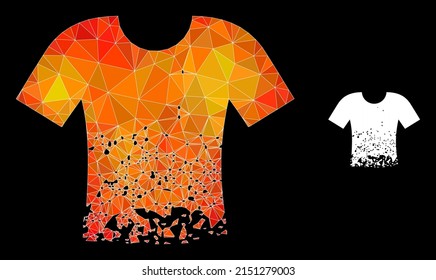 lowpoly ragged t-shirt icon with orange colorful gradient. Triangulated fire colored ragged t-shirt polygonal symbol illustration.