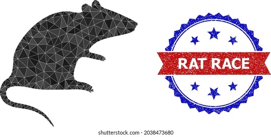 Low-poly rat polygonal icon illustration, and grunge bicolor rosette stamp, in red and blue colors. Mosaic rat designed from random filled triangles. Rosette stamp seal uses red and blue colors.