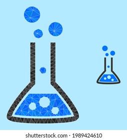 lowpoly reaction flask icon on a light blue background. Polygonal reaction flask vector constructed from chaotic triangles. Triangulated reaction flask polygonal icon illustration.