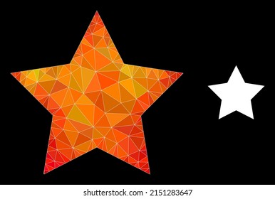 lowpoly red star icon with flame colorful gradient. Triangulated fire colorful red star polygonal icon illustration. Polygonal red star vector constructed of chaotic colorful triangles.