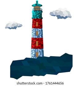 lowpoly red-blue lighthouse on a rock, isolated white background, vector illustration