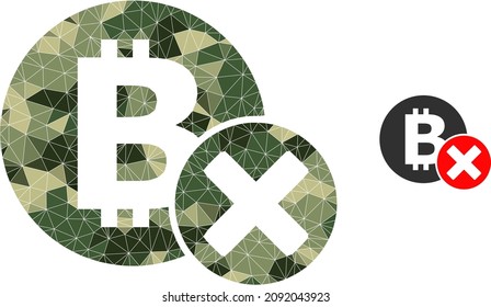  Low-Poly-Destillationssymbol kombiniert mit zufälligen Tarnung gefüllten Dreieck-Teilen. Vektor lehnen Bitcoin-Ikone im tarnen Stil ab.