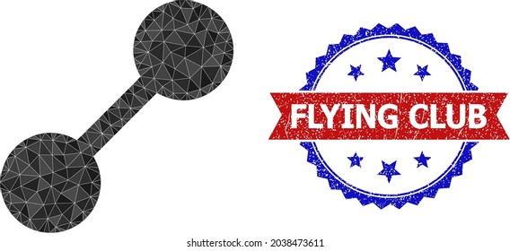 Lowpoly relation polygonal 2d illustration, and grunge bicolor rosette seal stamp, in red and blue colors. Collage relation formed with random filled triangles. Rosette seal uses red and blue colors.