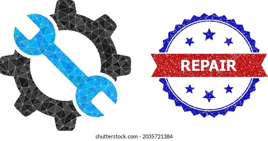 Low-poly repair tools polygonal 2d illustration, and grunge bicolor rosette seal stamp, in red and blue colors. Collage repair tools composed of randomized colored triangles.