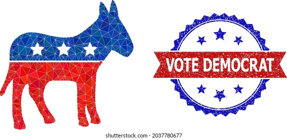 Low-poly republican donkey polygonal 2d illustration, and grunge bicolor rosette seal, in red and blue colors. Mosaic republican donkey formed of scattered colored triangles.