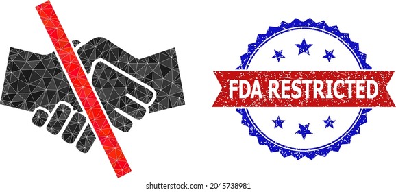 Lowpoly resrtricted handshake polygonal icon illustration, and grunge bicolor rosette seal stamp, in red and blue colors. Collage resrtricted handshake designed with chaotic color triangles.