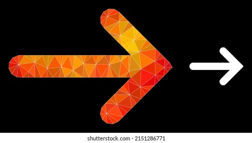 Low-Poly-Pfeil-Symbol mit flammendem Farbverlauf. Triangulierte Flamme lebhafte rechte Pfeil polygonal Symbol Illustration. Der polygonale Pfeil nach rechts ist mit chaotischen Dreiecken gefüllt.