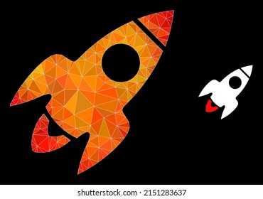 Low-poly rocket flight icon with fire vibrant gradient. Triangulated fire vibrant rocket flight polygonal 2d illustration. Polygonal rocket flight vector is filled with scattered colorful triangles.