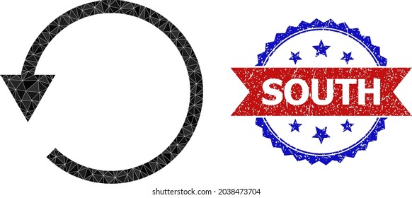 Ilustración de símbolo poligonal CCW de rotación baja, y sello de sello de sello rosette bicolor grunge, en colores rojo y azul. El mosaico rota la CCW compuesta por triángulos de color aleatorios.