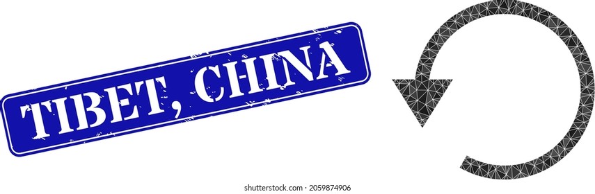 Low-poly rotate left designed of scattered filled triangles, and grunge Tibet, China seal. Blue rounded framed rectangle seal has Tibet, China caption inside framed rectangle shape.