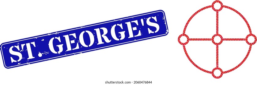 Low-poly round grid structure constructed with scattered filled triangles, and grunge St. George'S seal stamp. Blue rounded framed rectangular stamp seal has St.