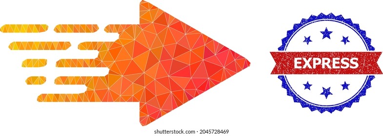 Lowpoly rush arrow polygonal symbol illustration, and grunge bicolor rosette badge, in red and blue colors. Mosaic rush arrow is composed from scattered color triangles.
