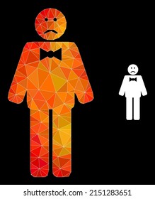 lowpoly sad man icon with orange colorful gradient. Triangulated fire colorful sad man polygonal 2d illustration. Polygonal sad man vector is filled with random vibrant triangles.