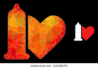 Low-Poly-Safe-Liebessymbol mit flammendem Farbverlauf. Triangulierter orangefarbener Safe liebt polygonale Icon-Illustration. Polygonal sichere Liebesvektorgrafik wird mit randomisierten, dynamischen Dreiecken konstruiert.