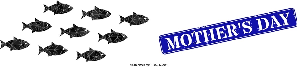 Low-poly school of fish constructed from chaotic filled triangles, and grunge Mother'S Day stamp. Blue rounded framed rectangle stamp contains Mother'S Day text inside framed rectangle form.