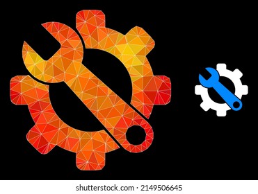 lowpoly service tools icon with flame colorful gradient. Triangulated flame colored service tools polygonal 2d illustration. Polygonal service tools vector combined from chaotic colored triangles.
