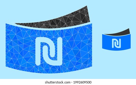 Low-poly shekel banknote icon on a sky blue background. Polygonal shekel banknote vector designed from randomized triangles. Triangulated shekel banknote polygonal icon illustration.