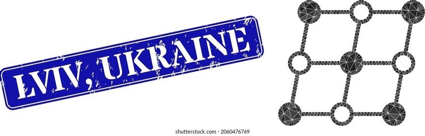 Low-poly shifted crystal grid constructed of randomized filled triangles, and grunge Lviv, Ukraine seal stamp. Blue rounded framed rectangle stamp includes Lviv,
