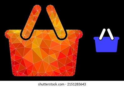 lowpoly shopping bag icon with flame colorful gradient. Triangulated flame colorful shopping bag polygonal 2d illustration. Polygonal shopping bag vector is filled from randomized colored triangles.