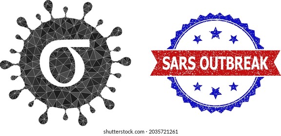 Low-Poly-Sigma covid-Virus-mehrfarbige Symbolgrafik und farbige Schmutzspritzer-Rosette-Stempel in Rot und Blau. Mosaikvirus Sigma covid gebildet mit verstreuten gefüllten Dreiecken.