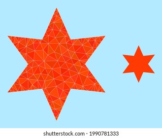lowpoly six pointed star icon on a sky blue background. Polygonal six pointed star vector constructed of scattered triangles. Triangulated six pointed star polygonal icon illustration.