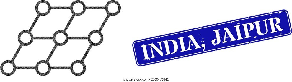 Low-Poly-verzerrtes Gitter, entworfen aus chaotischen gefüllten Dreiecken, und Grunge Indien, Jaipur-Badge. Blauer abgerundeter rechteckiger Verschluss enthält Indien, Jaipur-Text in gerahmten Rechteck-Form.