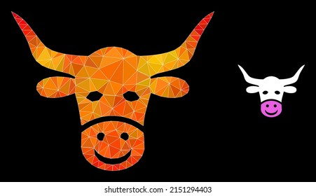 lowpoly smiled cow head icon with fire colorful gradient. Triangulated fire vibrant smiled cow head polygonal 2d illustration.