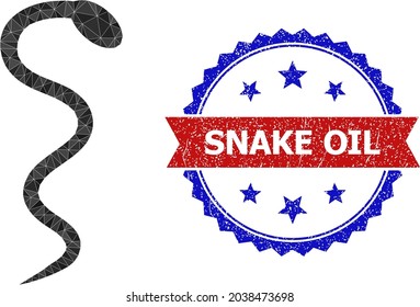 Lowpoly snake polygonal icon illustration, and grunge bicolor rosette seal stamp, in red and blue colors. Mosaic snake is formed of scattered filled triangles.