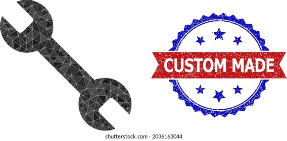 Low-poly spanner polygonal icon illustration, and grunge bicolor rosette seal stamp, in red and blue colors. Mosaic spanner designed with scattered filled triangles.