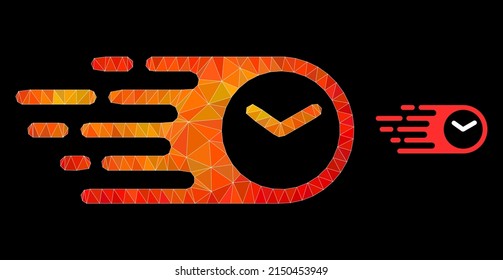 Low-poly speed time icon with fire vibrant gradient. Triangulated fire colorful speed time polygonal 2d illustration. Polygonal speed time vector designed with chaotic colored triangles.
