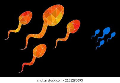 Low-poly sperm cells icon with orange vibrant gradient. Triangulated flame colorful sperm cells polygonal icon illustration. Polygonal sperm cells vector is designed from chaotic colorful triangles.