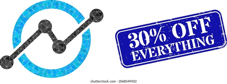Low-poly stock chart combined with randomized filled triangles, and grunge 30 discount Off Everything seal. Blue rounded framed rectangle stamp seal has 30 discount Off Everything text inside framed