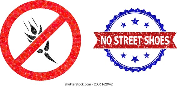 Low-Poly-Stopp-Müslissymbol-Illustration und Grunge-Bicolor-Rosette-Siegel in Rot-und Blau-Farben. Collage Stopp Müsli besteht aus verstreuten Farbdreiecken.