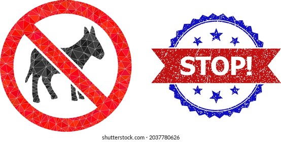 Lowpoly stop donkey polygonal 2d illustration, and grunge bicolor rosette seal stamp, in red and blue colors. Collage stop donkey formed from randomized colored triangles.