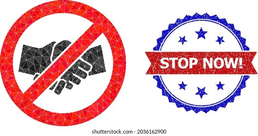 Low-poly stop handshake polygonal symbol illustration, and grunge bicolor rosette stamp, in red and blue colors. Mosaic stop handshake is designed with randomized color triangles.