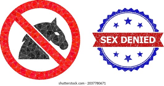 Low-poly stop horse polygonal 2d illustration, and grunge bicolor rosette seal stamp, in red and blue colors. Collage stop horse is designed with randomized filled triangles.