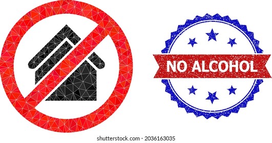 Lowpoly stop house polygonal icon illustration, and grunge bicolor rosette stamp imprint, in red and blue colors. Mosaic stop house created of chaotic color triangles.