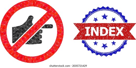 Lowpoly stop index finger polygonal 2d illustration, and grunge bicolor rosette seal stamp, in red and blue colors. Mosaic stop index finger is composed of chaotic color triangles.